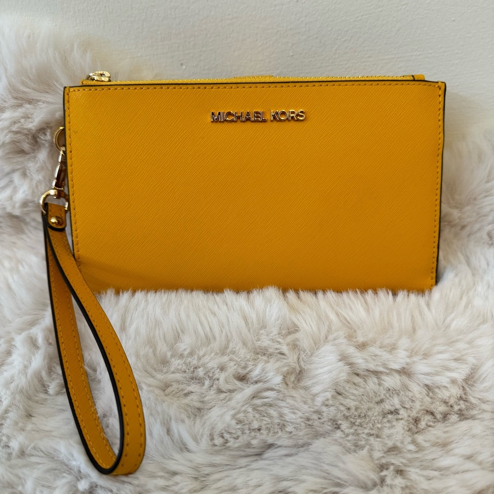 Michael Kors Yellow Long Bifold Wallet with 2 zipper pockets, ID slot, & more!